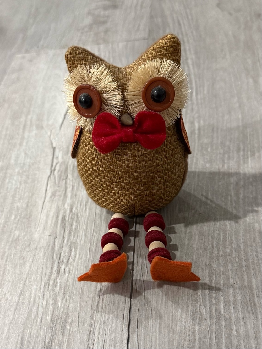 Fabric Owl Figurine Shelf Sitter Collectible Red Bow Tie Striped Legs